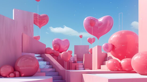 La Saint-Valentin à l'extérieur beaucoup de ballons roses beaucoup de formes rondes illustration du néobrutalisme