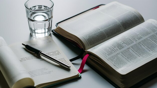 Photo sainte bible avec carnet et verre