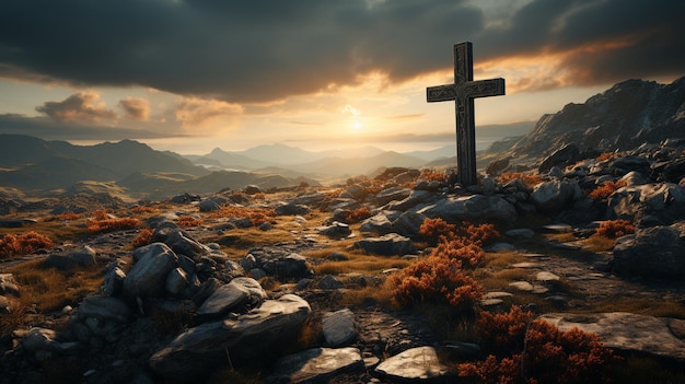 Sainte croix sur la montagne avec une lumière et des nuages