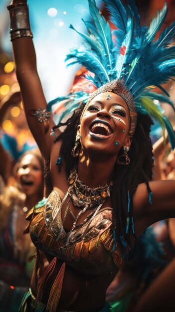 Sainte fête heureuse jeune femme africaine souriante avec un maquillage coloré et un costume brillant élégant