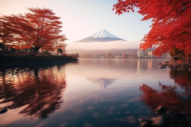 La saison d'automne colorée et le mont Fuji avec des feuilles rouges au lac Kawaguchiko