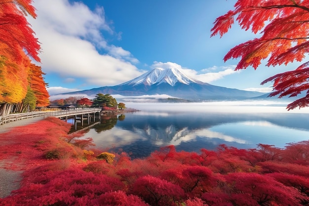 La saison d'automne colorée et la montagne Fuji avec le brouillard du matin et les feuilles rouges au lac Kawaguchiko est l'un des meilleurs endroits au Japon