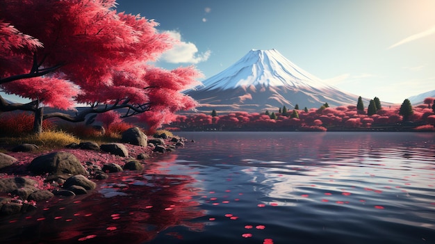 Saison d'automne colorée et montagne Fuji avec brouillard matinal et feuilles rouges au lac Kawaguchiko en est un