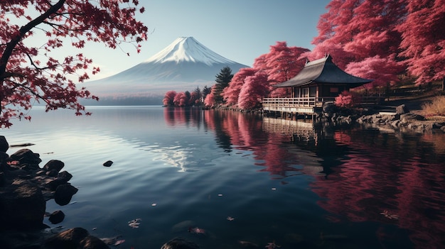 Saison d'automne colorée et montagne Fuji avec brouillard matinal et feuilles rouges au lac Kawaguchiko en est un