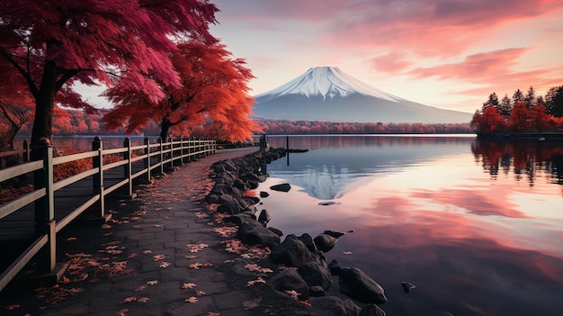 Saison d'automne colorée et montagne Fuji avec brouillard matinal et feuilles rouges au lac Kawaguchiko en est un