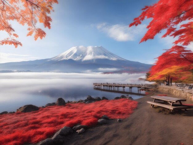 Saison d'automne colorée et montagne Fuji avec brouillard matinal et feuilles rouges au lac Kawaguchiko