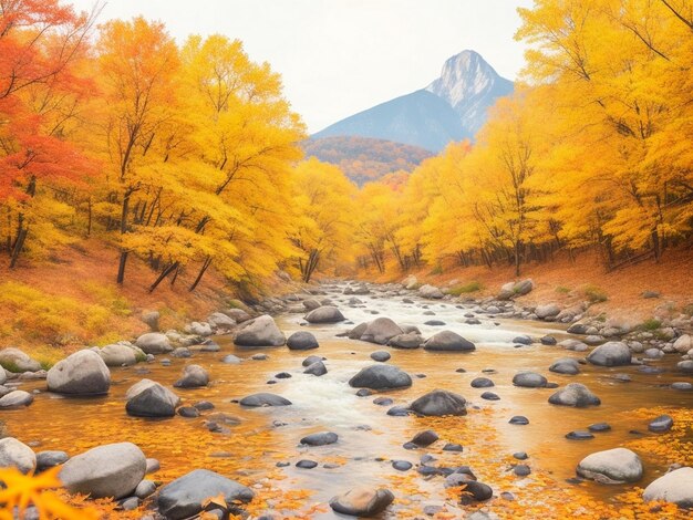 Saison d'automne colorée et montagne Fuji avec brouillard matinal et feuilles rouges au lac