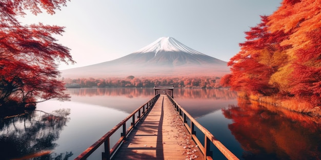 Saison d'automne et montagne Fuji avec brouillard matinal et feuilles rouges au lac