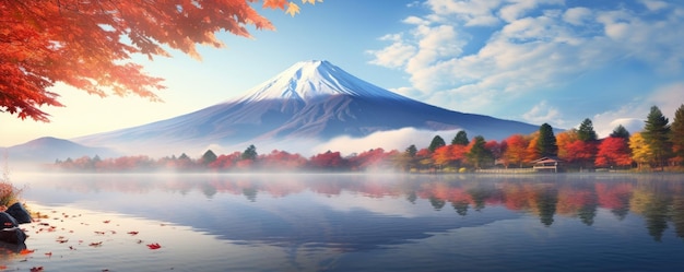 La saison d'automne et le paysage de la montagne Fuji avec le brouillard du lac du matin