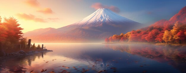 La saison d'automne et le paysage de la montagne Fuji avec le brouillard du lac du matin