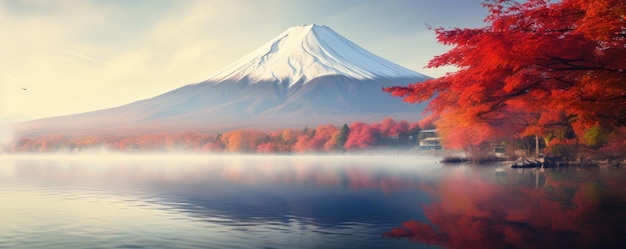 La saison d'automne et le paysage de la montagne Fuji avec le brouillard du lac du matin