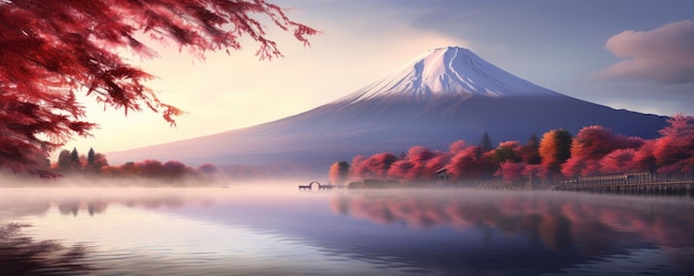 Photo la saison d'automne et le paysage de la montagne fuji avec le brouillard du lac du matin