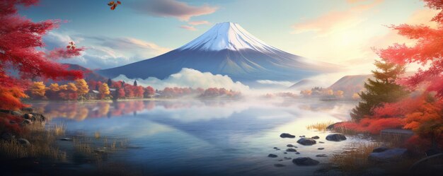 La saison d'automne et le paysage de la montagne Fuji avec le brouillard du lac du matin