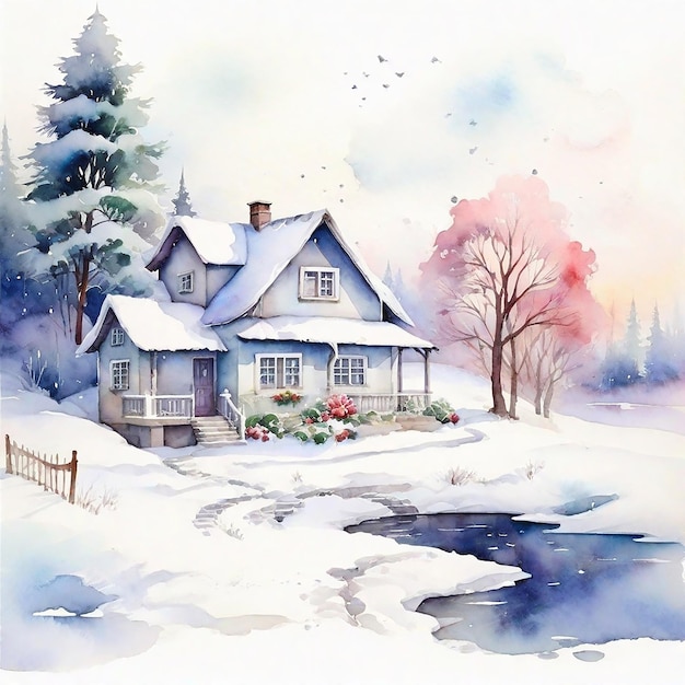 Saison D'hiver Aquarelle Avec Maison Et Arbres