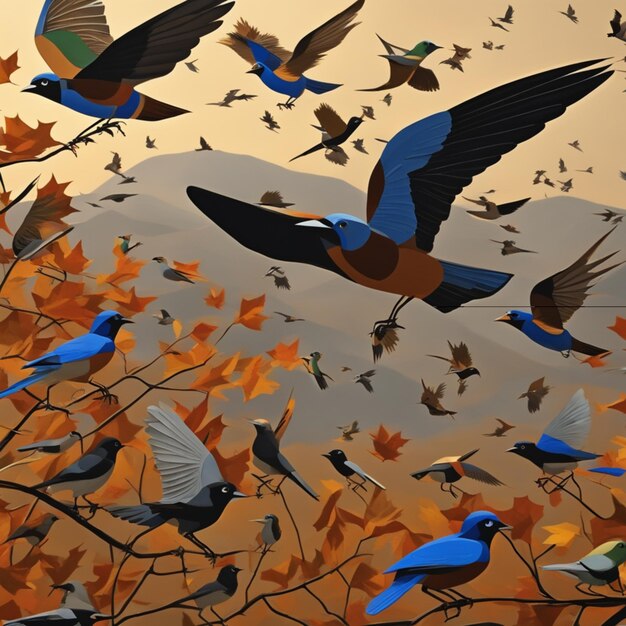 Photo saison de vol les oiseaux colorés migrent à l'automne