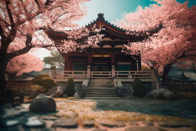 Sakura et bâtiment traditionnel japonais Generative AI