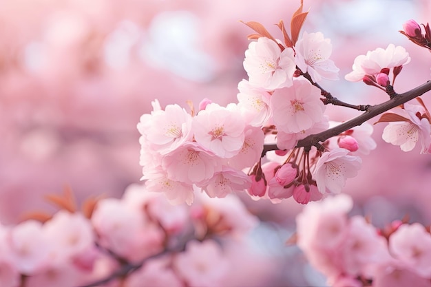 Sakura en fleurs de cerise au printemps Arrière-plan de mise au point douce Sakura en floraison de cerises au printemps arrière-plan doux généré par l'IA