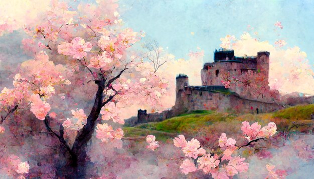Sakura en fleurs sur le fond du château
