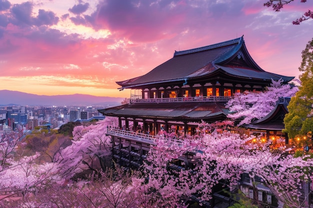 Photo sakura kiyomizu dera temple et saison des cerisiers le printemps de sakura à kyoto au japon