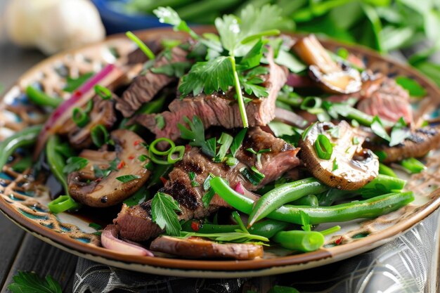 Une salade abondante avec du bœuf grillé, des champignons portobello et des haricots verts
