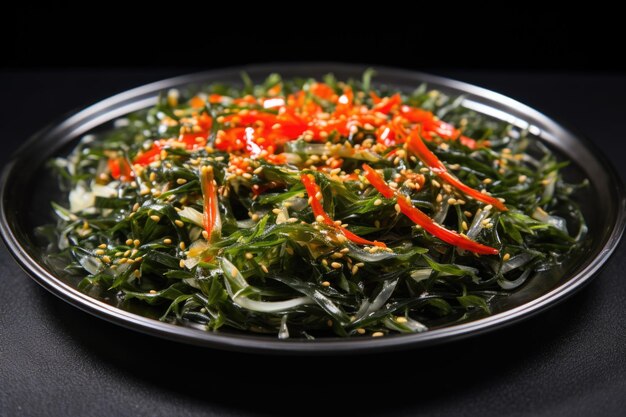 Salade d'algues avec des pépites de flocons de piment rouge sur un plat en métal