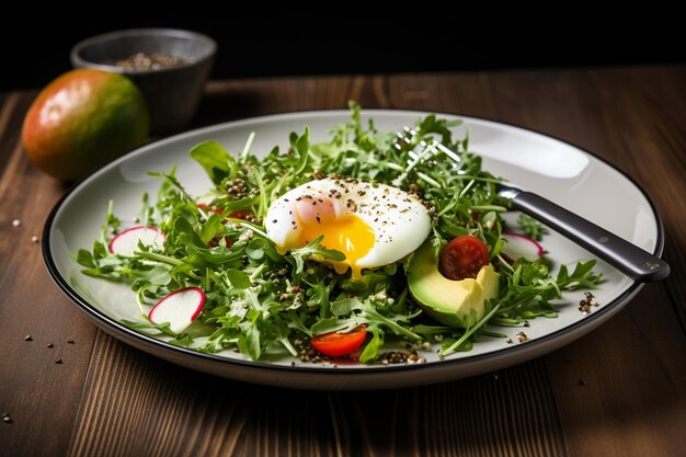 Salade sur une assiette de bois sombre