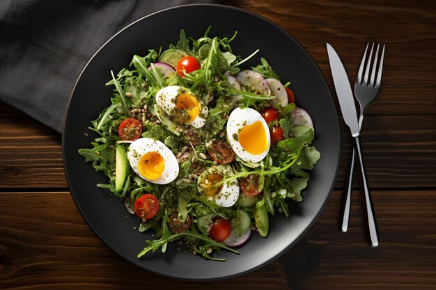 Salade sur une assiette de bois sombre