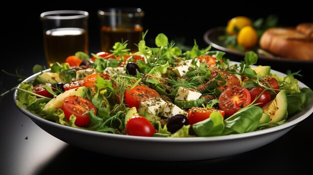 Salade sur une assiette sur une table en bois