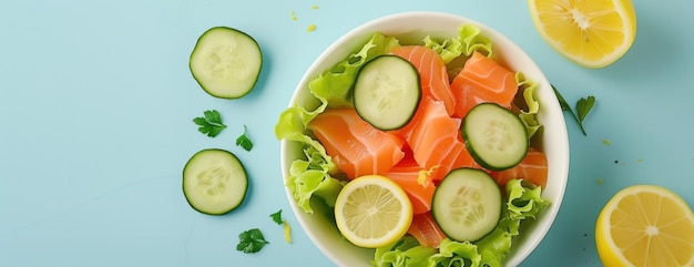 Salade au concombre et au saumon sur fond bleu