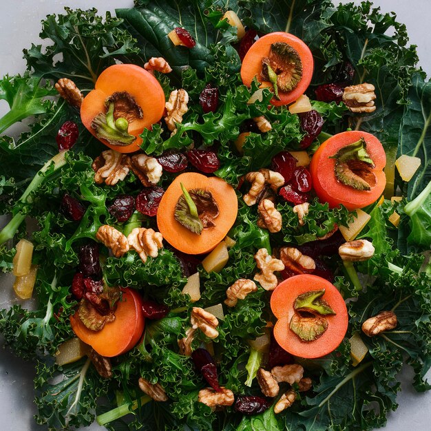 Salade d'automne ou d'hiver avec du chou, des noix de cranberry séchées et du persimmon