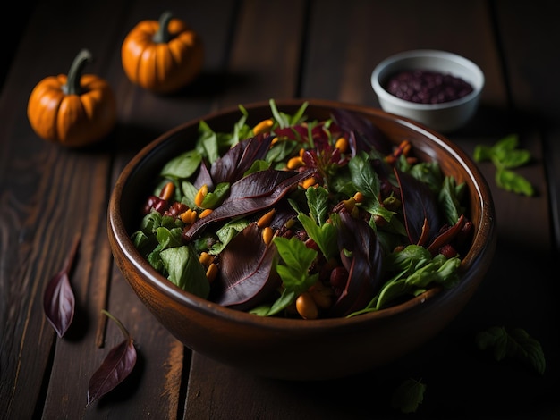 Salade d'automne saine dans un bol en bois rustique généré par l'IA