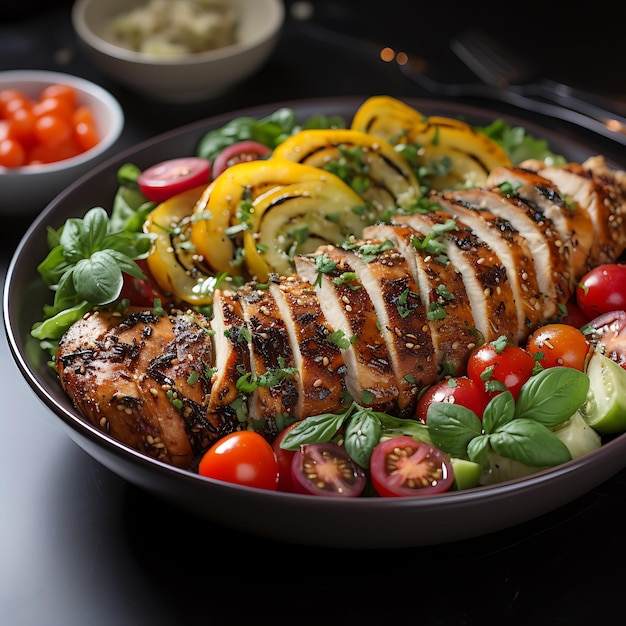 Salade aux protéines de poulet sans fond derrière