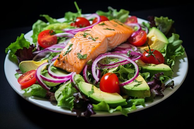 Photo salade d'avocat de saumon avec du poisson salé, de la laitue fraîche et d'oignon rouge