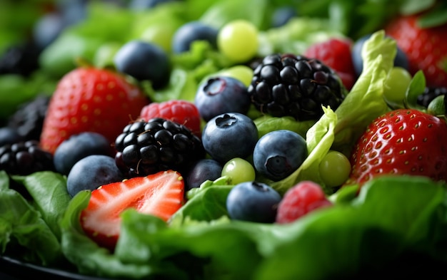 Une salade avec des baies et des verts