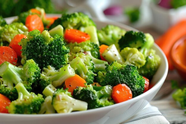 Salade de brocoli fraîche et saine avec des carottes et une savoureuse vinaigrette délicieuse