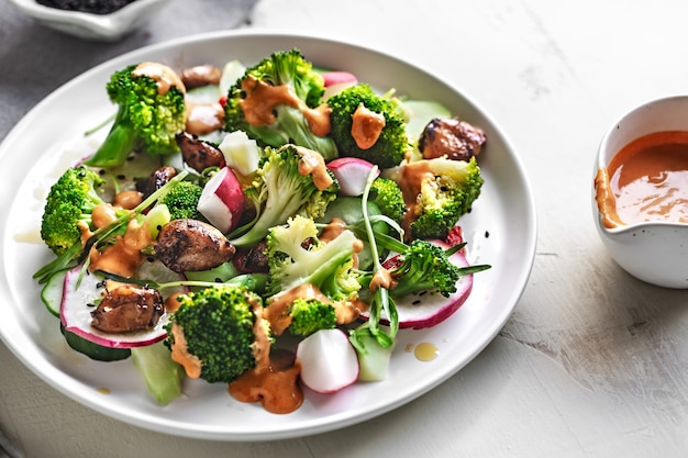 Salade de brocoli, radis et pousses de gloire du matin avec balsamique à l'ail