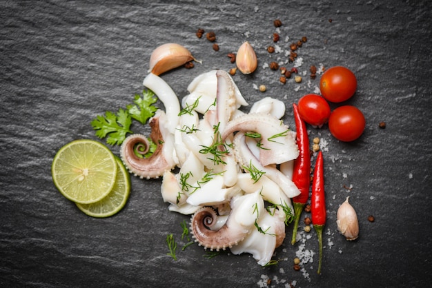 Salade De Calamars Aux Herbes De Citron Et Aux épices Sur Fond Sombre