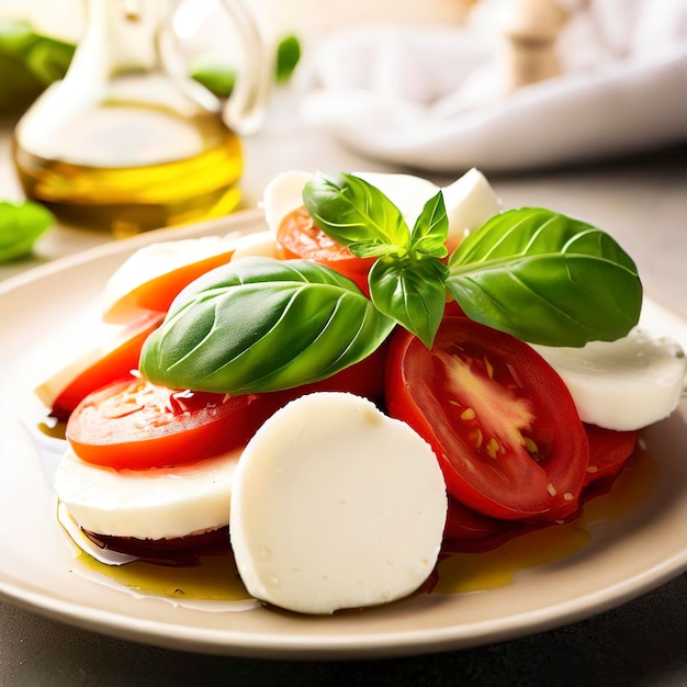 Salade caprese aux tomates mozzarella basilic et huile d'olive sur une assiette