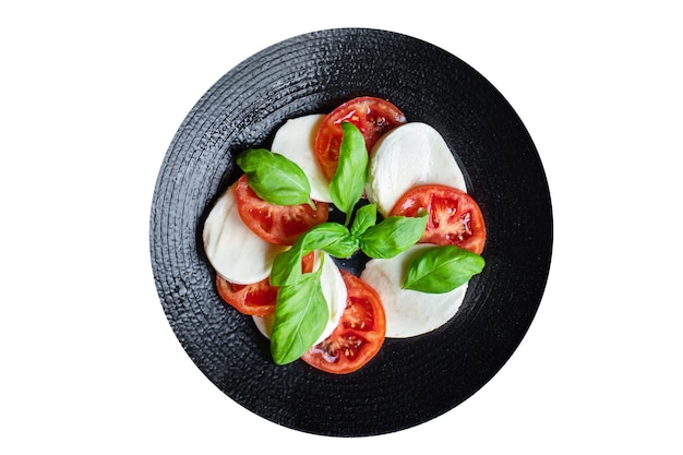 Salade caprese fromage mozzarella tomate basilic feuille italien snack copie espace arrière-plan alimentaire rustique