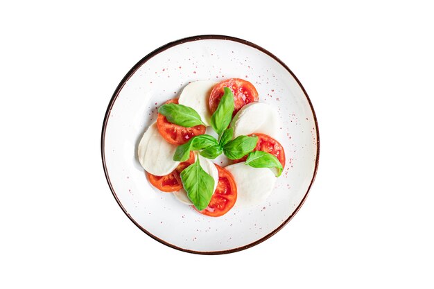 Salade caprese fromage mozzarella tomate basilic feuille italien snack copie espace arrière-plan alimentaire rustique