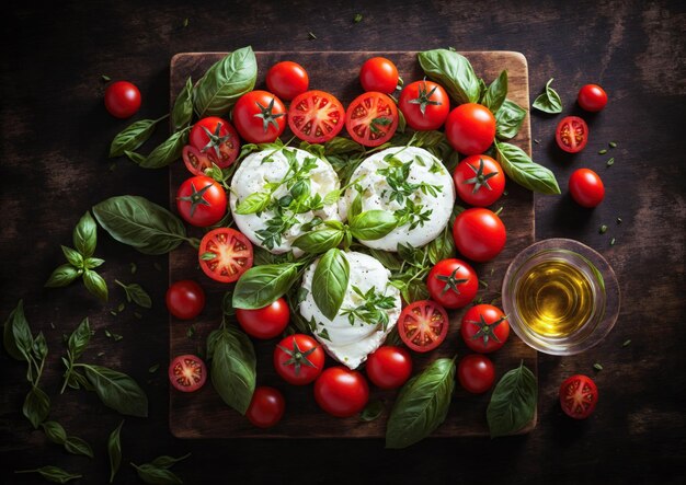 Salade de caprese avec des tomates au fromage mozzarella et du basilic sur une planche de bois