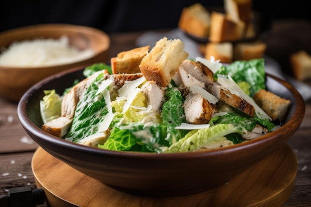 Salade césar au poulet avec croûtons au parmesan et vinaigrette crémeuse créée avec générative ai