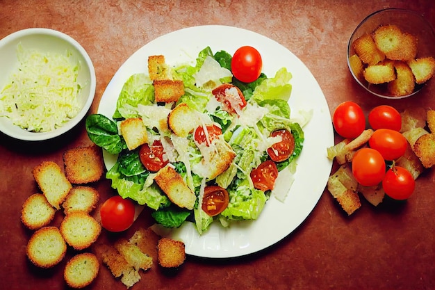 Salade césar au poulet frais avec tomates rouges et croûtons