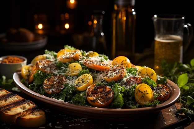 Salade César avec une bière artisanale