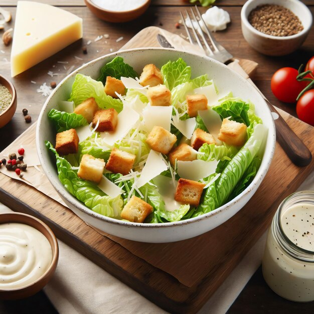 Photo salade césar classique saine avec la laitue parmesan fromage et croutons mélangés avec la vinaigrette césar