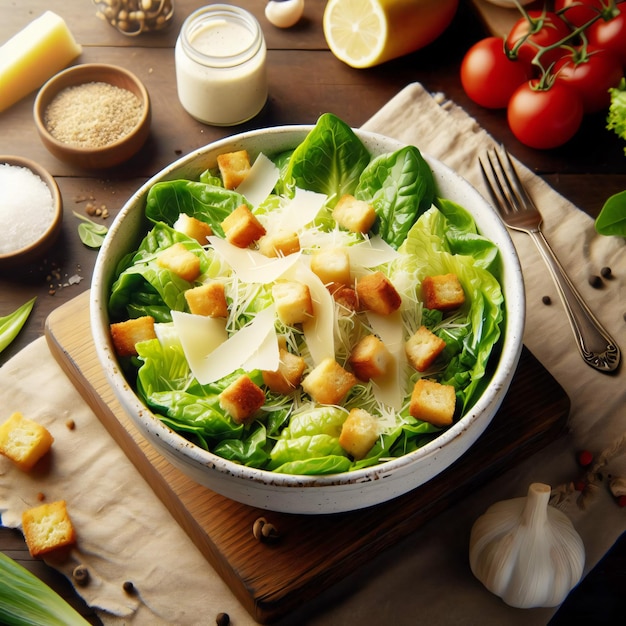 Salade César classique saine avec la laitue parmesan fromage et croutons mélangés avec la vinaigrette César