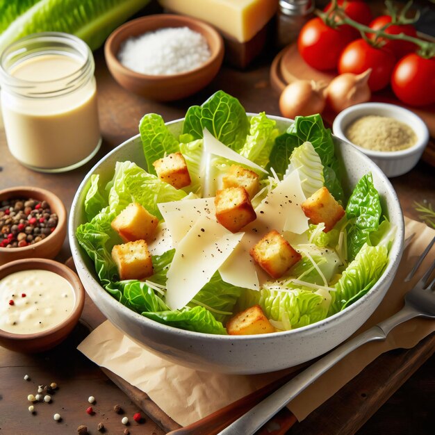 Photo salade césar classique saine avec la laitue parmesan fromage et croutons mélangés avec la vinaigrette césar