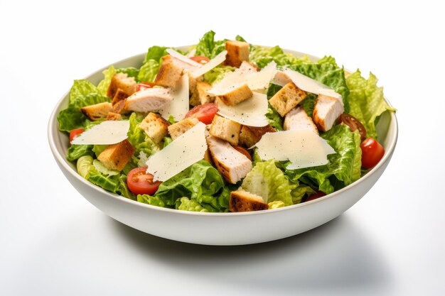 Salade César avec du poulet, du parmesan, du fromage, des tomates et de la sauce César sur un fond blanc isolé.
