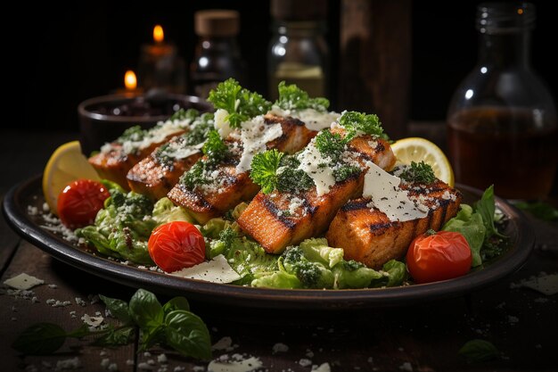 Salade César avec du saumon grillé