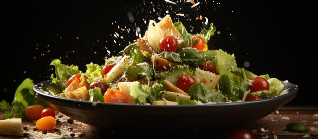Photo salade césar fraîche avec fromage parmesan et tomates cerise sur fond noir